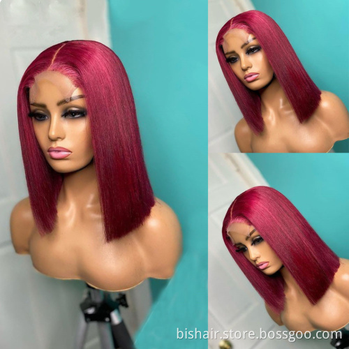 BIS Wholesale 99J Burgundy Short BoB Wig Straight Colored Human Hair Wigs For Women Dark Red 4X4 Lace Wig Pre Plucked Remy Hair